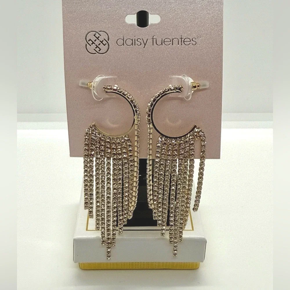 Daisy Fuentes Gold Tone Rhinestone‎ Fringe Hoop Earrings Statement Crystal Drop